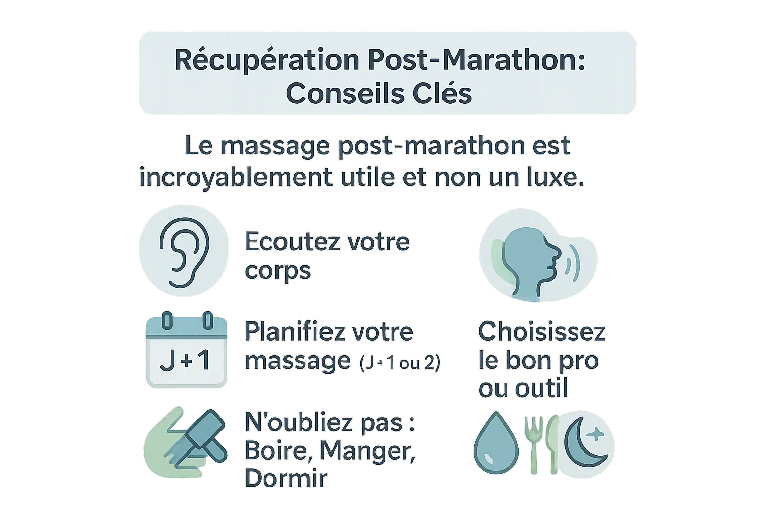 Illustration de récupération post-marathon avec massage et hydratation