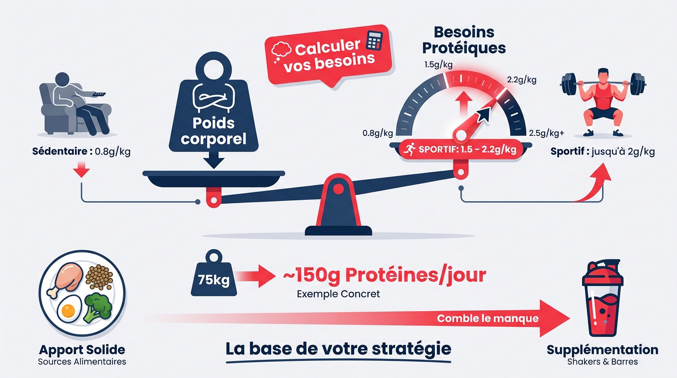 Graphique illustrant le calcul des besoins en protéines pour un sportif de 75kg