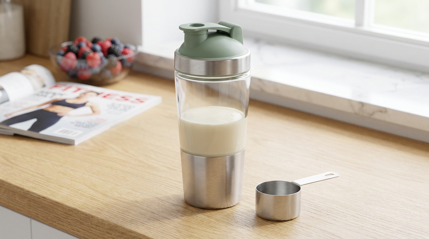 Shaker de protéines avec liquide blanc et cuillère-mesure sur un comptoir en bois, avec magazine fitness et baies en arrière-plan.