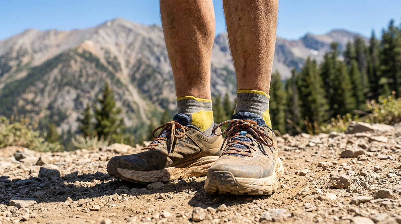 Pieds d'un coureur de trail sur un sentier de montagne, portant des chaussures boueuses et des chaussettes techniques. Ciel bleu, montagnes en arrière-plan.